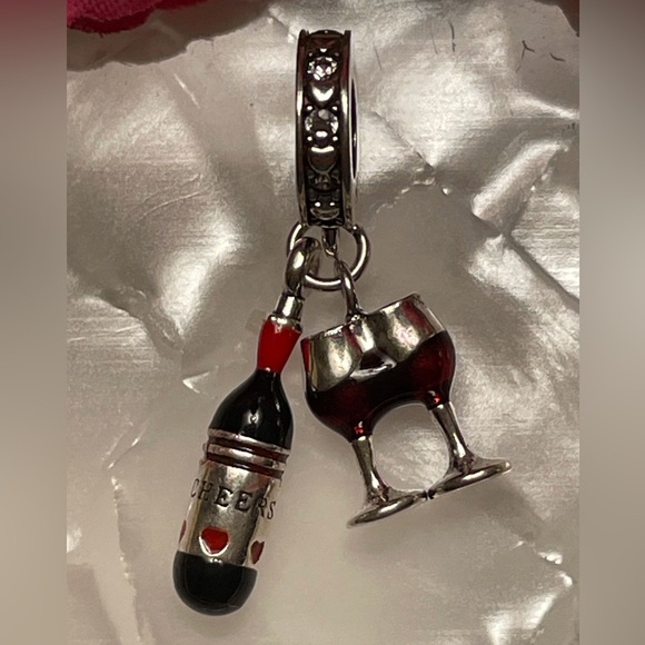 Charm for Pandora Bracelet Wine Bottle with 2 Glasses Sterling Silver - Picture 2 of 10
